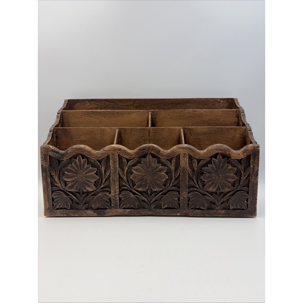 VTG LERNER Carved Faux Wood Letter Holder Mail Organizer Storage Caddy Desk Tiki